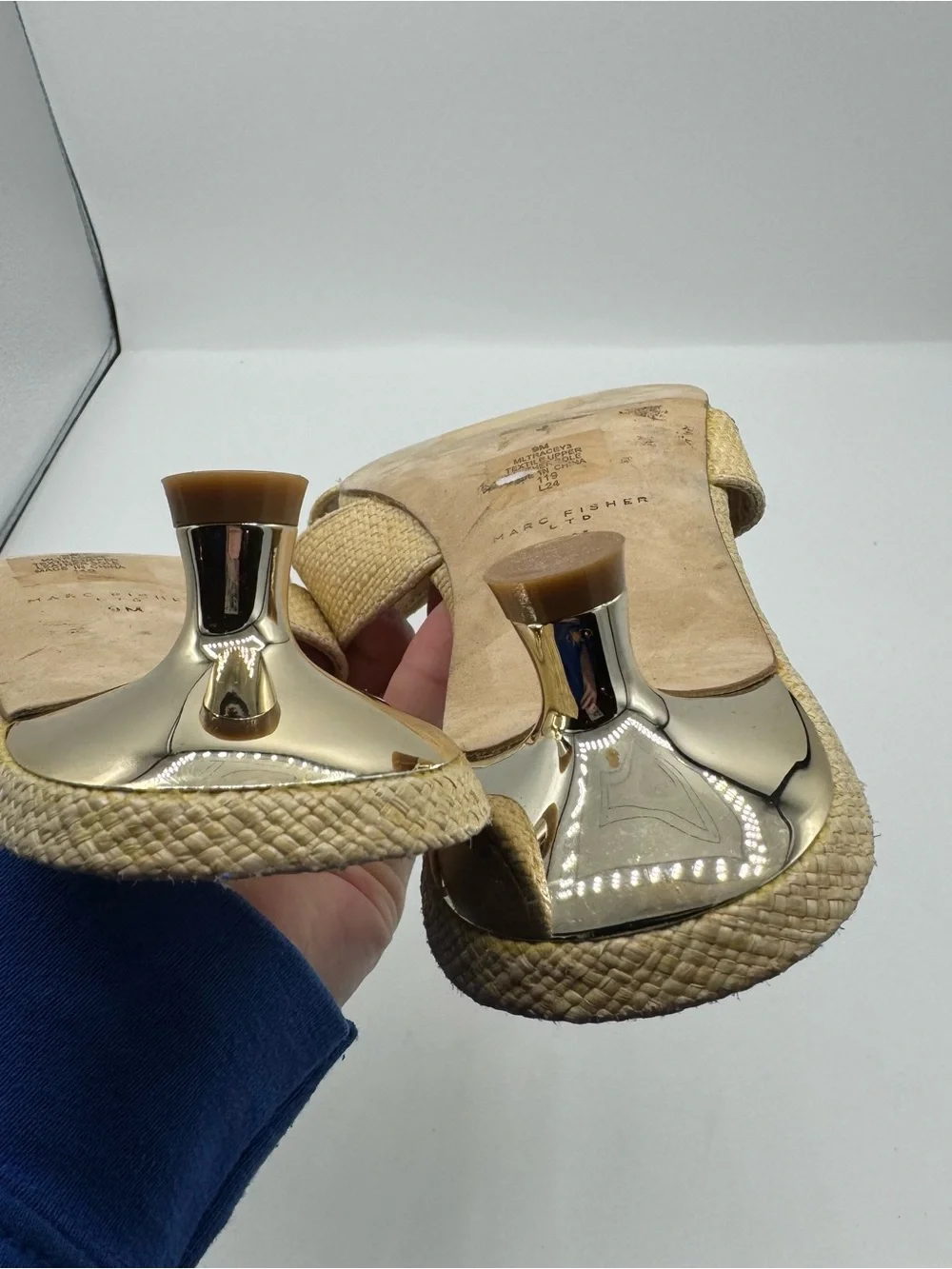 Marc Fisher Tracey Raffia Gold Kitten Heel Slide Sandal size 9 wedding event